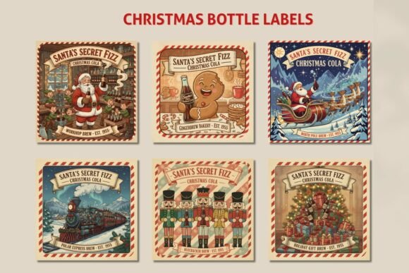 Christmas Vintage Bottle Label PNGs: Illustrations