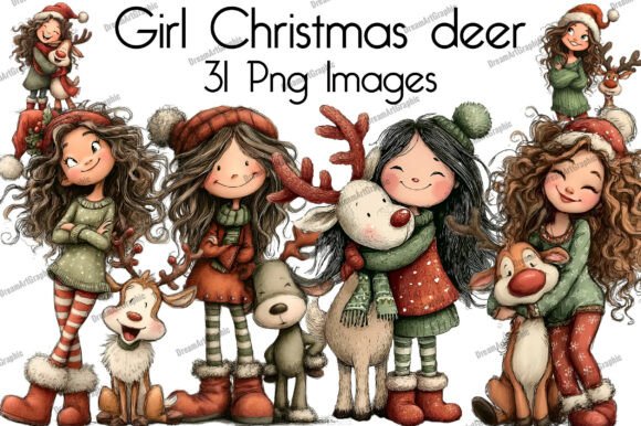 Girl Christmas Deer Clipart: Editorial Illustrations