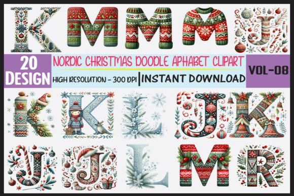 Nordic Christmas Doodle Alphabet Clipart & Illustrations