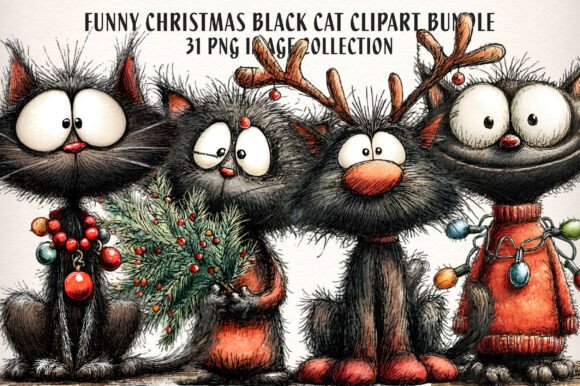 Quirky Christmas Black Cat Clipart PNG Review