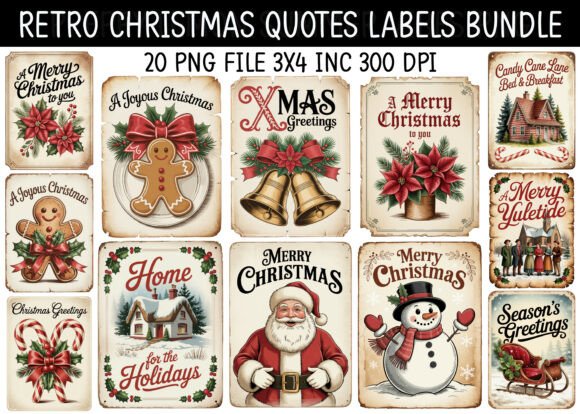 Retro Christmas Quotes Labels: Festive Illustrations