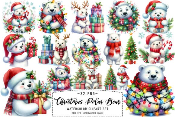 Watercolor Christmas Polar Bear Cliparts & Illustrations