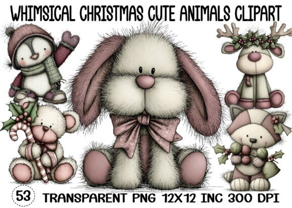 Whimsical Christmas Cute Animals Clipart Illustrations