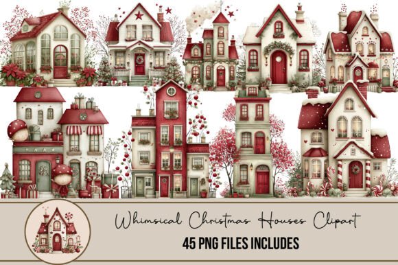 Whimsical Christmas Houses Clipart: Illustrations